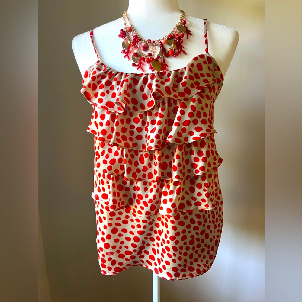 Spaghetti Strap Dot Pattern Silky Ruffle Tank